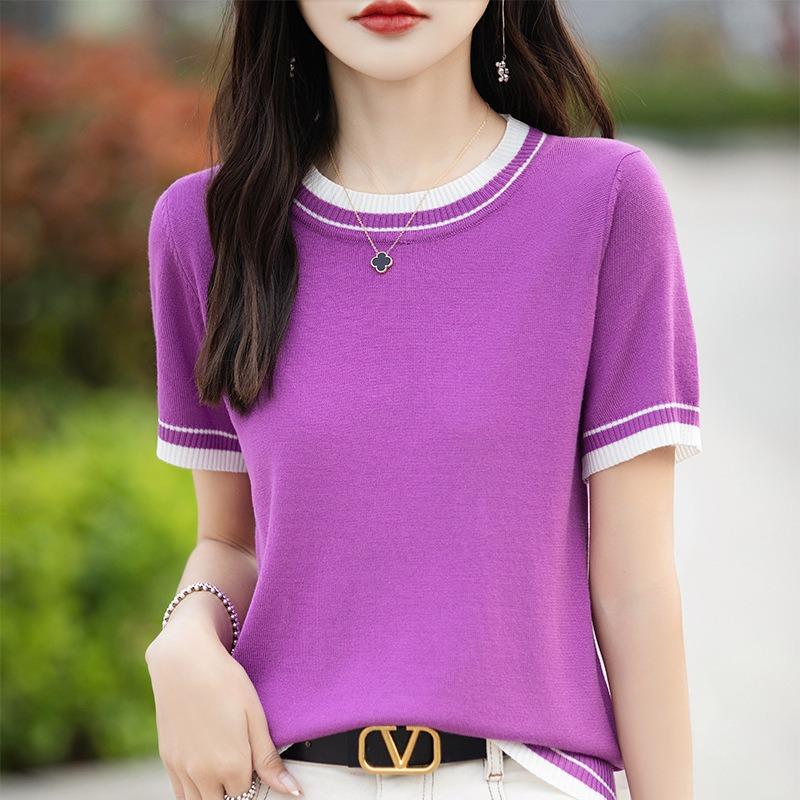 Women's Summer Thin Color Matching Round Neck Short Sleeve Knitted Bottom Top