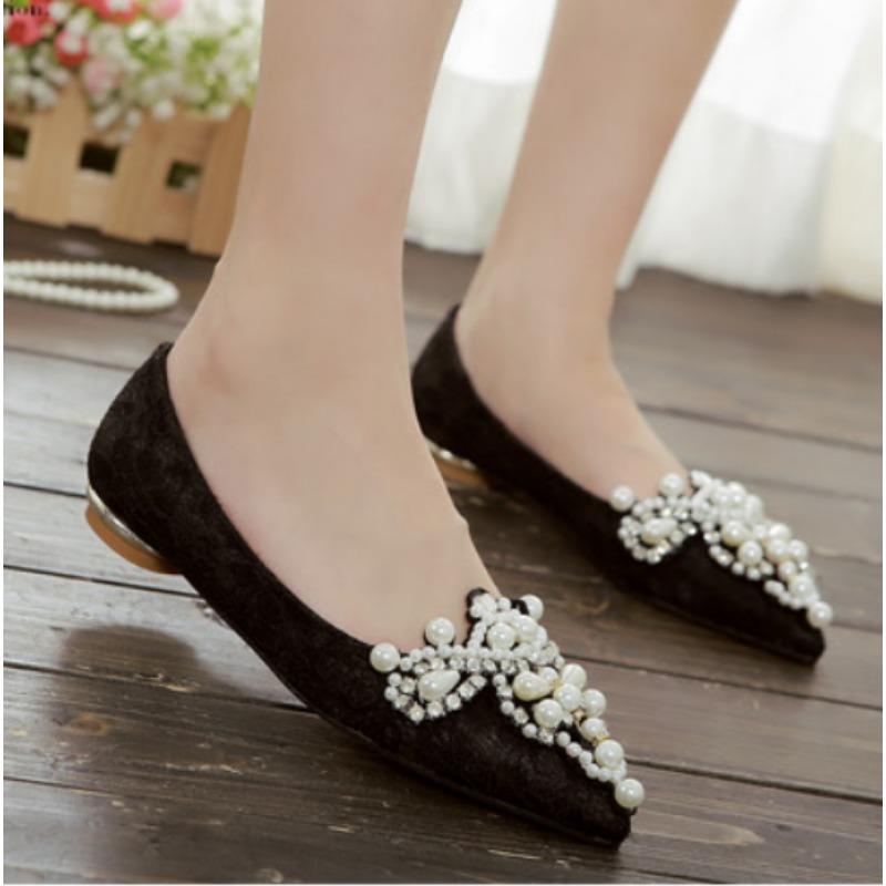 

Fashion New Crown Pearl soft Flats Wedding Shoes Pointed Toe Women Dress Moccasins Low Pearl Heel Ladies Fashion Luxury plus size 43 43