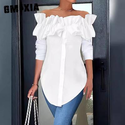 Herbst Einfache Einfarbige Ein-Linien-Schulter Rüschen Bluse Bluse Frauen