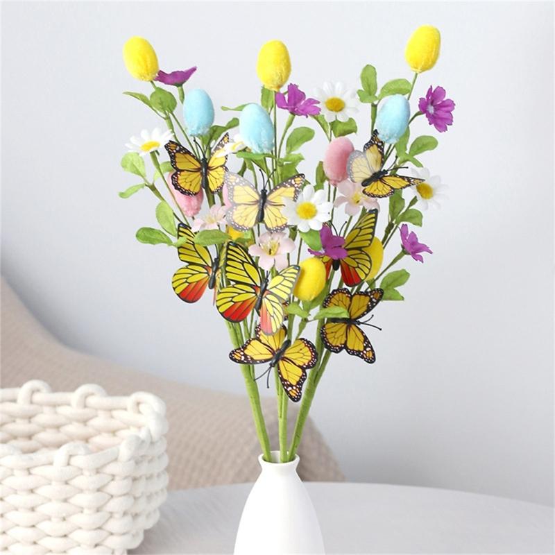 4Pcs Bendable Easter Eggs Butterfly Flower Stems Artificial Silk Flower for Vase Flower Arrangements Home Decoration