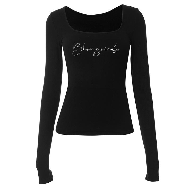 Y2K Retro Style Spicy Girl Letter Hot Diamond Low Neck Short Cut Exposed Navel Black Top for Women