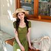 Green Polka Dot Square Neck Front Shoulder Short Sleeve Dress Women's Spring and Summer New Large Size Fat Mm Mori Retro Skirt