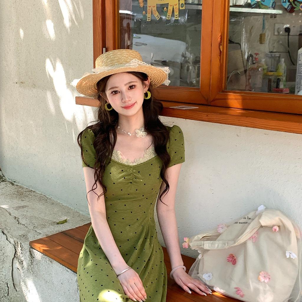 Green Polka Dot Square Neck Front Shoulder Short Sleeve Dress Women's Spring and Summer New Large Size Fat Mm Mori Retro Skirt