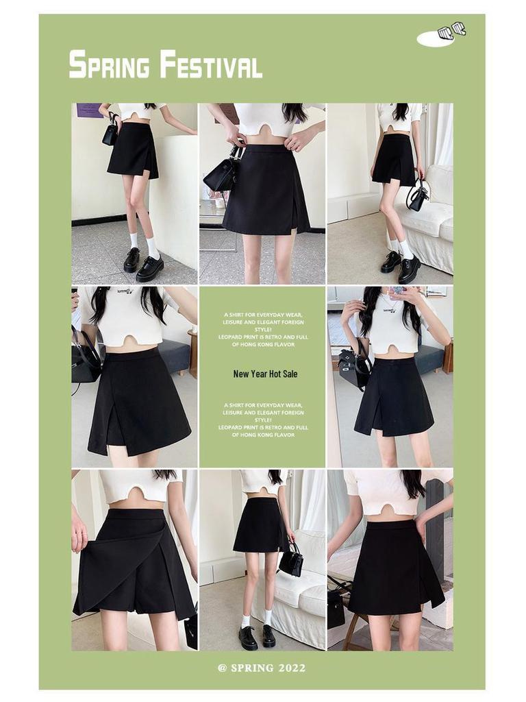 2024 Summer Plus Size High-Waist A-line Skort - Black Midi with Slit