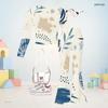 Girls Printed Two Piece Outfit Round Neck Long Sleeve Top Flared Pants Blue Beige White