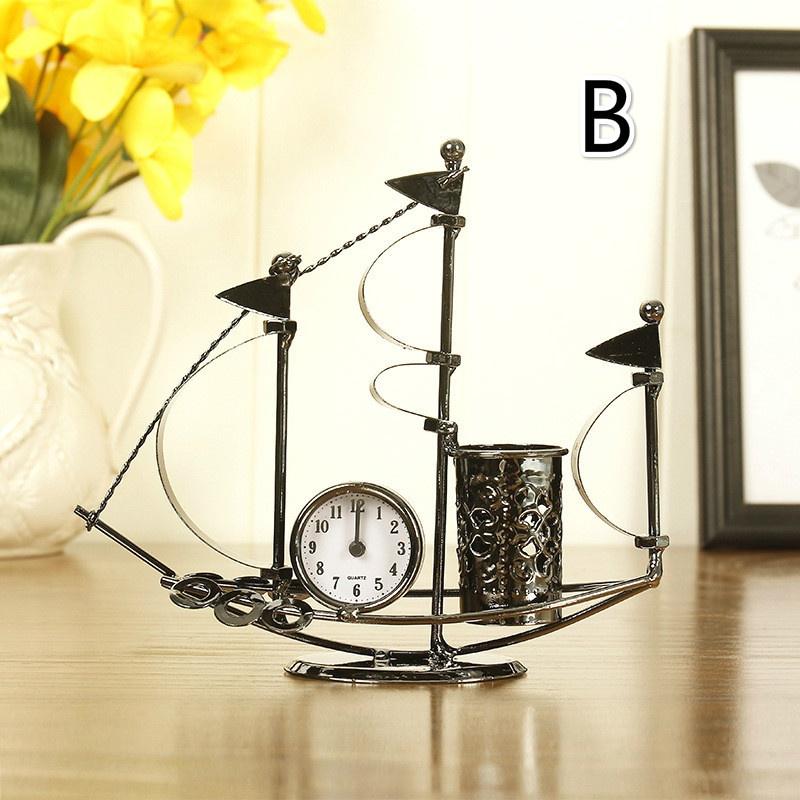 1pcs Creative Iron Art Clock Crafts Sailing Pen Holder Multi-function Living Room Decoration Student