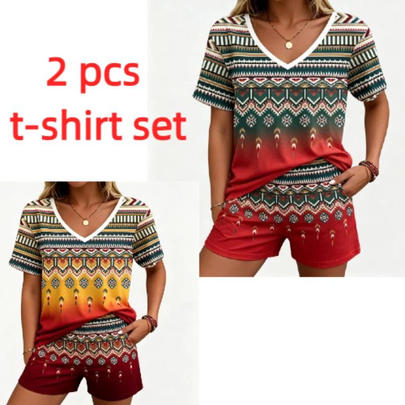Summer Fashion Ethnic Style Pattern Printed V Neck Short Sleeved T-Shirt And Shorts Set Men's and Women's T-shirt Shorts Set