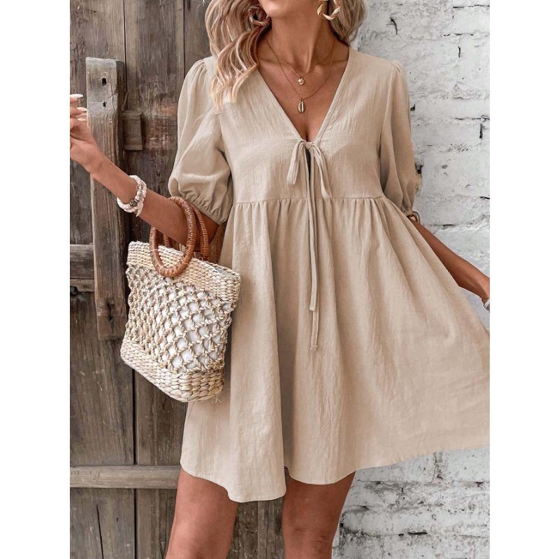 Women Elegant Loose Deep V Neck Lace Up A Line Woven Midi Dress