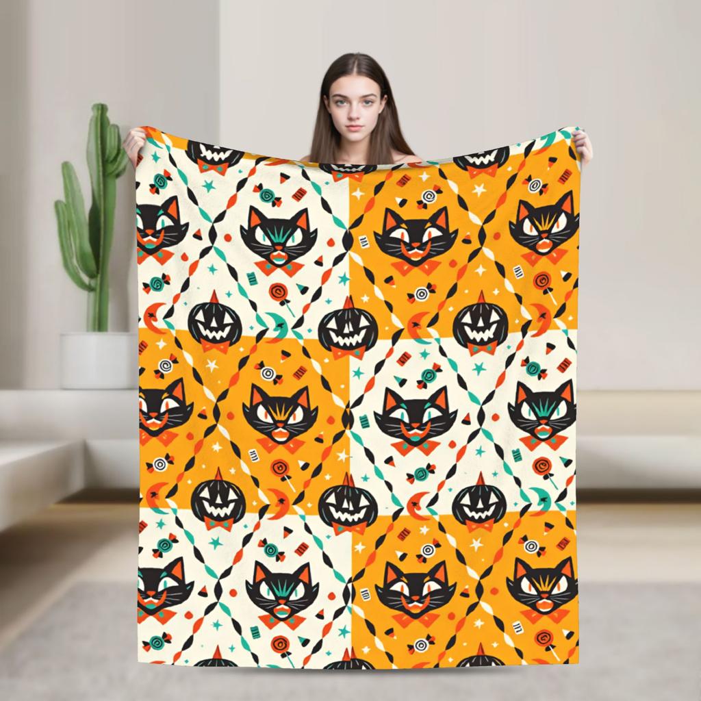 Halloween Silhouette Pumpkin Ghost Bat Witch Hat Seamless Pattern Orange Background Cozy Blanket Throws Picnic Flannel Bedspread