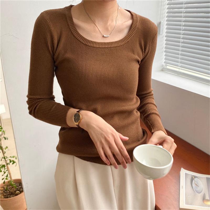 Autumn and winter new simple and versatile knitted bottoming shirt women's soft waxy temperament slim-fitting round neck pullover sweater inner