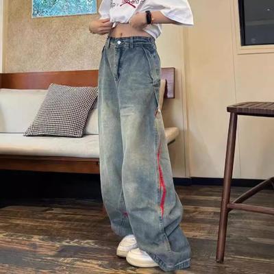 Unisex Amerikan Retro Çizgili Geniş Paça Kot Pantolon