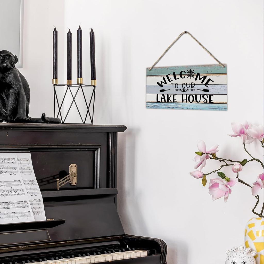 Welcome To Our Lake House Farmhouse Printed Wood Plaque Sign Wall Hanging,Rustic Hanging Wall Signs for Lake House Summer Home Decor 12 X 6 Inches