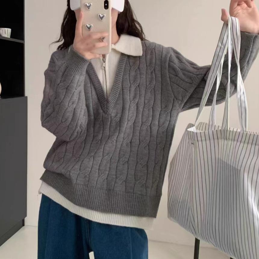 Fake two-piece PO-neck twist pullover sweater for women's autumn and winter new large-size fat mm loose and lazy knitted sweater top