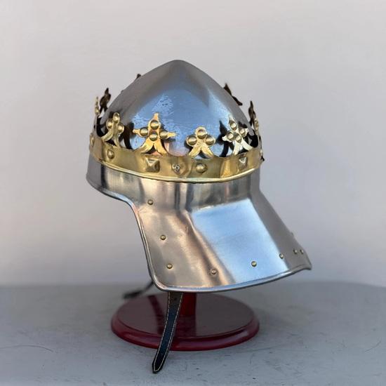 Handmade Steel King Helmet with Brass Crown, Display Stand Included Home Decor