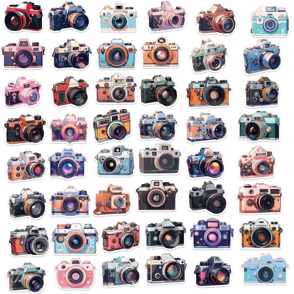 50 Cartoon Retro Camera Doodle Stickers Guitar Notebook Suitcase DIY Waterproof Stickers