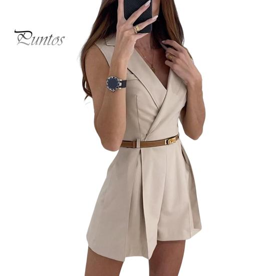 

Женский летний комбинезон с отложным воротником и V-образным вырезом, однотонный плиссированный комбинезон без рукавов, приталенный крой, формальный стиль, мягкий комбинезон длиной выше колена (Ремень Нет S абрикосовый