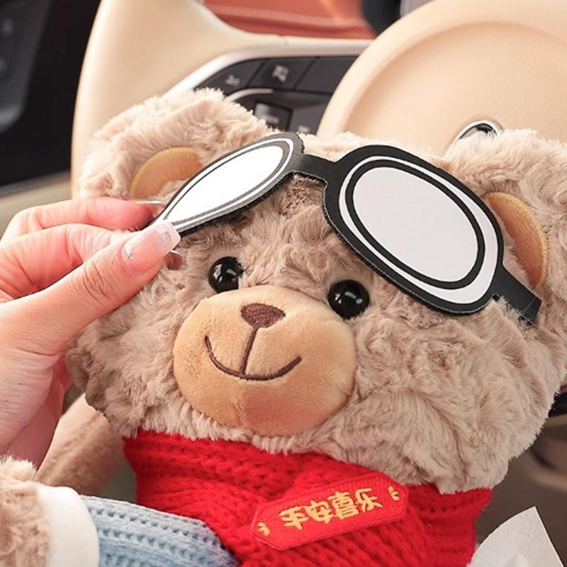 Cute Short Plush Eyeglass Bear Car Tissue Box Tissue Box Garbage Can 2-In-1 Creative Car Armrest Box Cardboard Box Car Interior