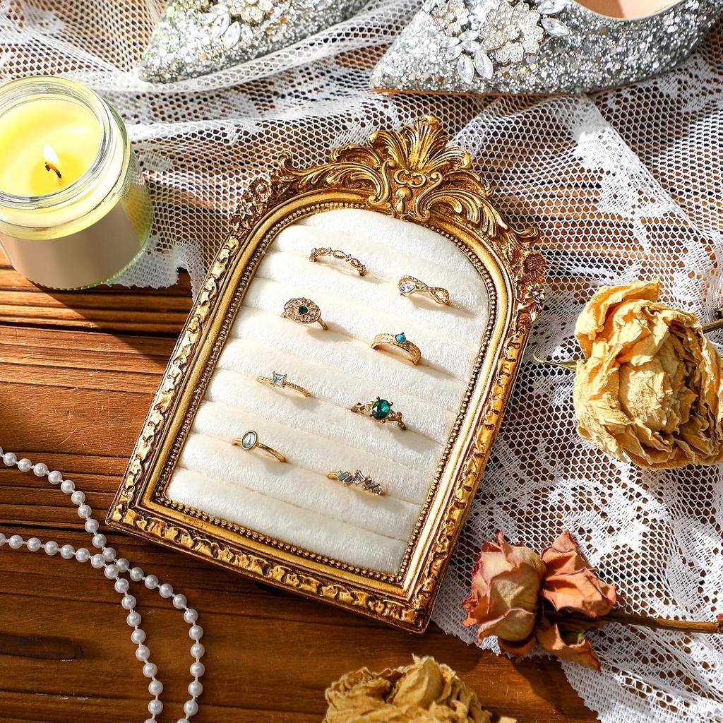 1PC Vintage Ring Holder Arched Gold Ring Wedding Display Suede Jewelry Box Holder Photo Frame Earrings Tray Anniversary Engagement Baroque Storage