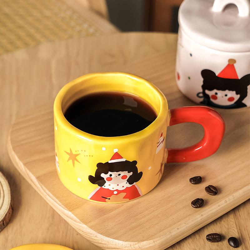 Retro Girl Mug with Lid Girl High Looking Ceramic Cup Creative Water Cup Office Coffee Breakfast Cup