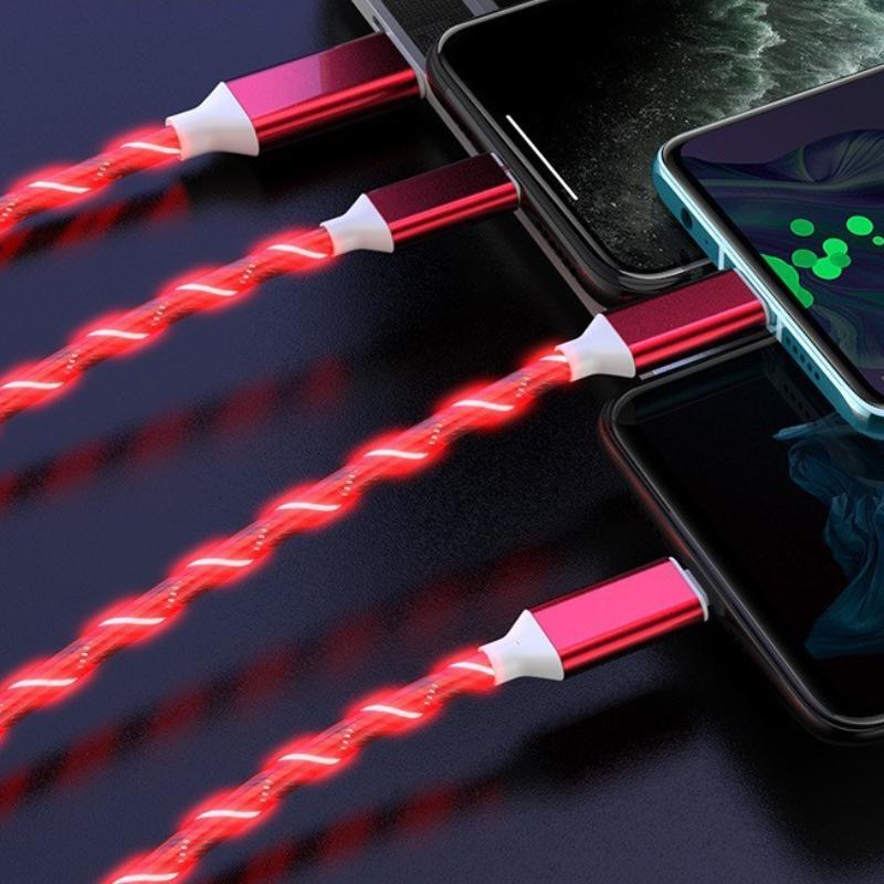 

3 In 1 Glowing Charging Cable For Android Huawei XiaoMi Iphone Fashion Light Charging Cable 3A Fast Charging червоний