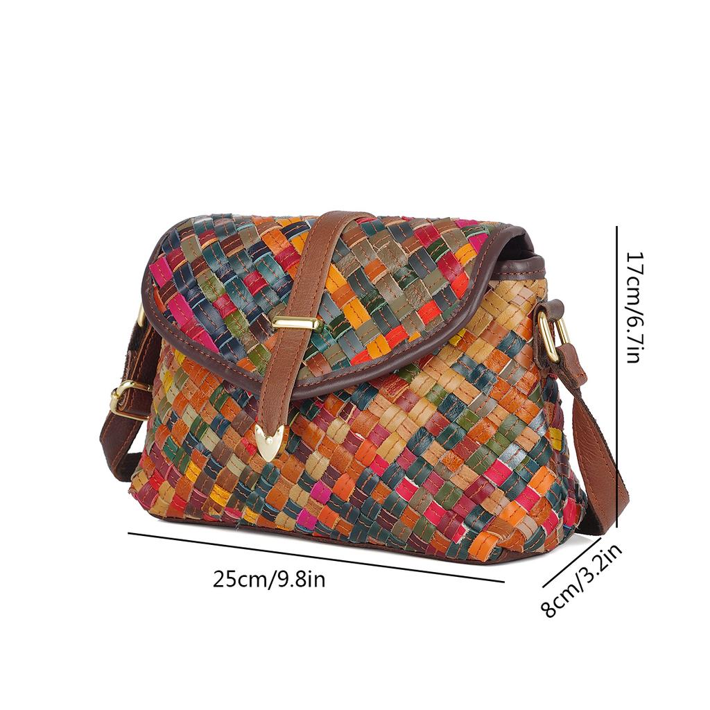 Genuine Leather Handmade Bag Woven Bag Colorful Striped Color Matching Small Bag Casual Ethnic Style Shoulder Bag For Women