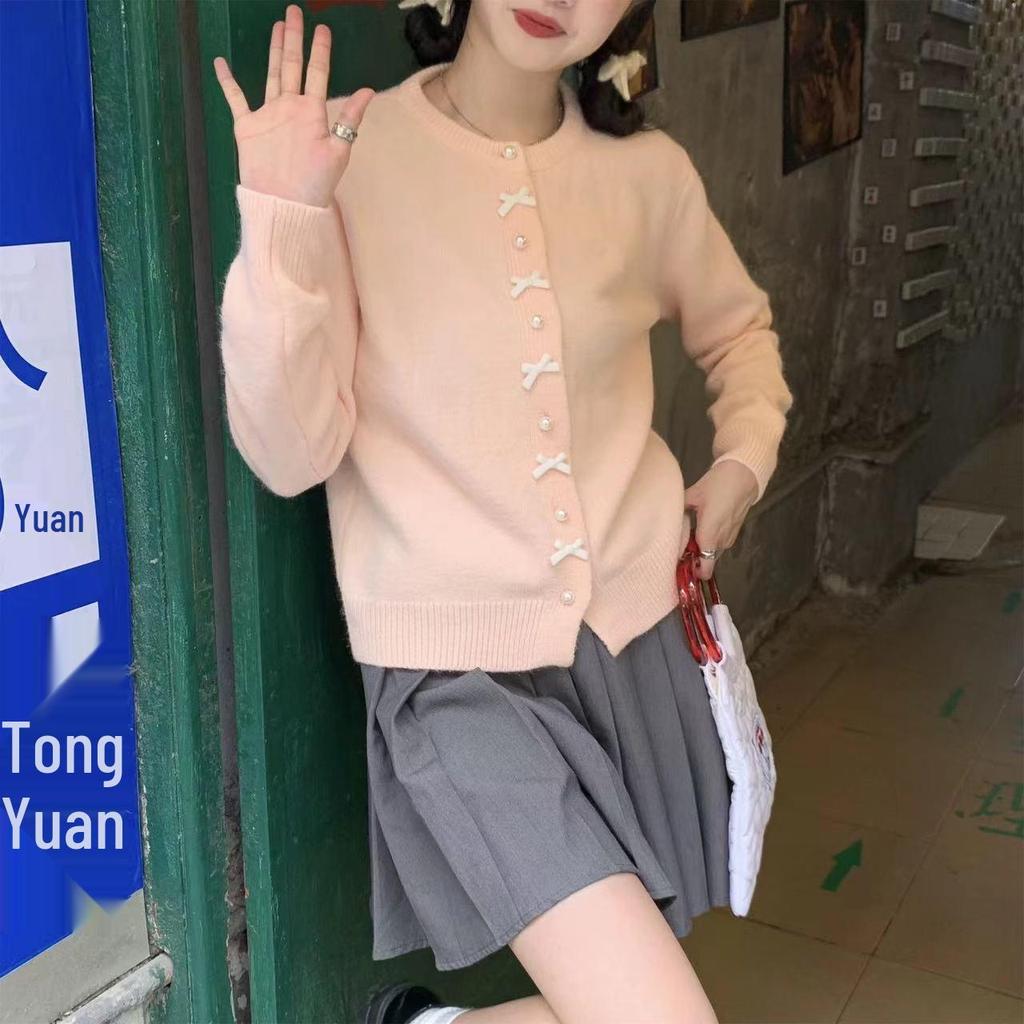 Pearl Button Bow Knot Sweater - Women's High-End Light Yellow Knit Cardigan