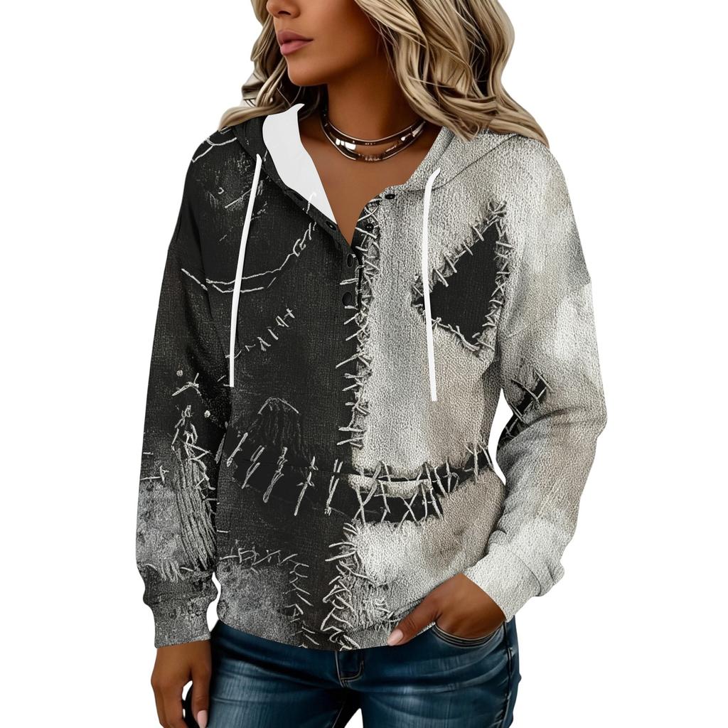 Women's Fashion Hooded Halloween Print Sweatshirt with Buttons for Festive