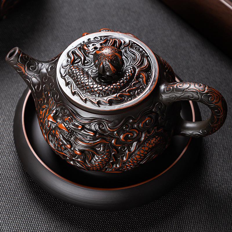 Purple pottery Shuanglong bead teapot handmade relief high-end kung fu tea set teapot teacup business high-end gifts