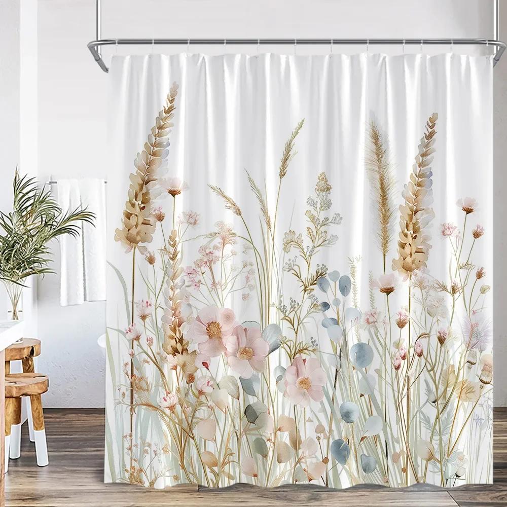 Vintage Floral Shower Curtain Plant Butterfly Floral Bathroom Curtain Decorative Polyester Bathtub Curtain With Hook
