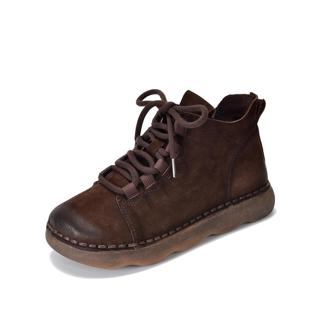 Johnature Scarpe da Donna in Vera Pelle Morbida Pelle Bovina Punta Rotonda Retro Stivaletti Bassi Piatti con Suola Morbida