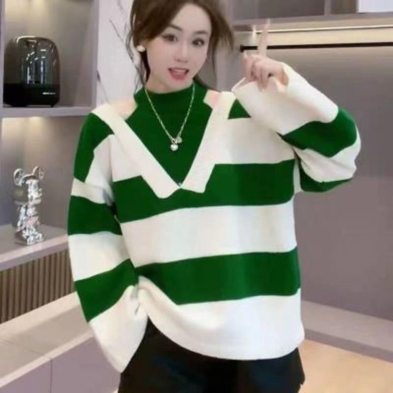 Pullover 2023 Casual Long Sleeve Pullover Knitwear Top Fake Two Piece Neck Hanging Off Shoulder Striped Sweater Pullover Women