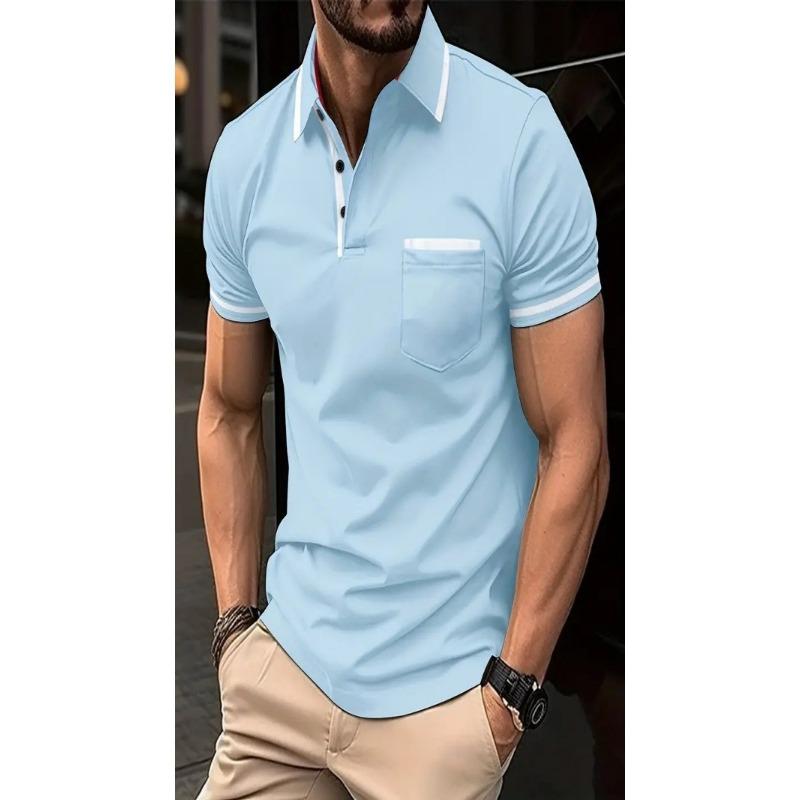 Men Casual Color Block Pocket Lapel Short Sleeve Polo Shirt