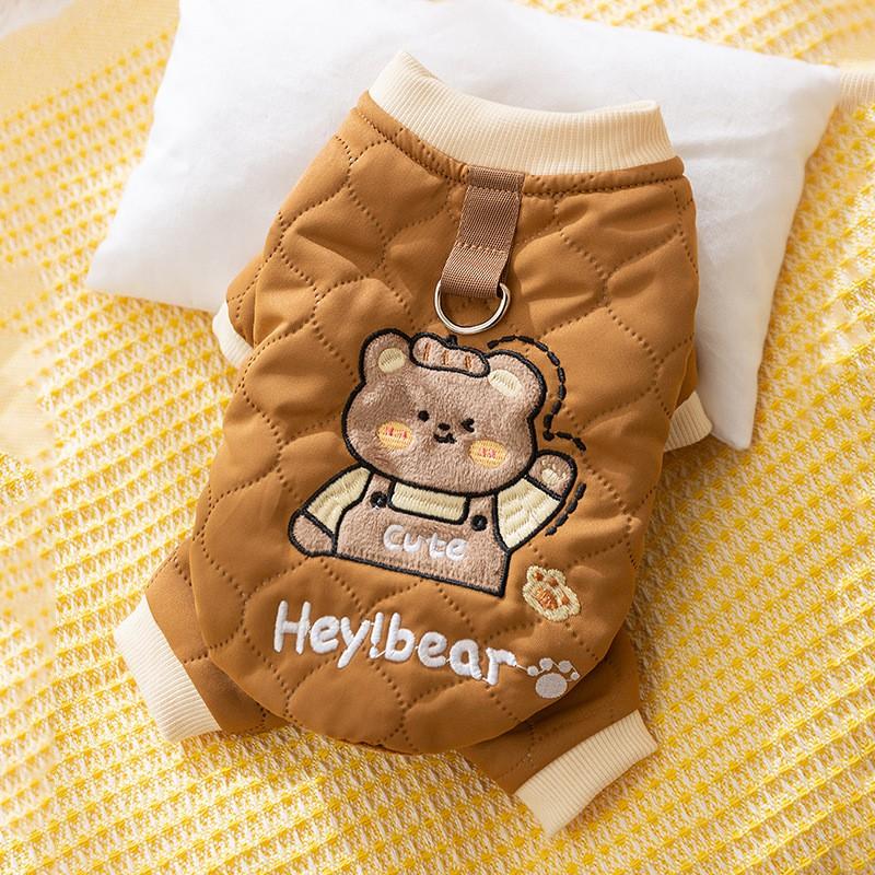 Warm Winter Dog Coat Small Medium Breeds - Bear Print Quilted 4-Leg Harness-Compatible Jacket In Brown Green