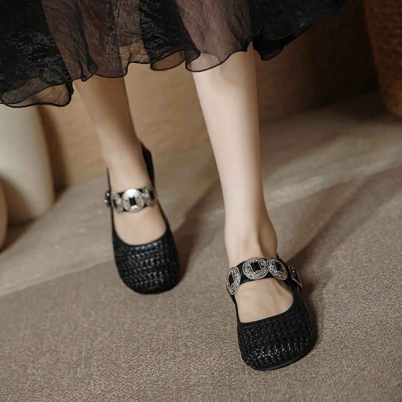 Woven Hollow Shoes Niche Mesh Toe Shoes Metal Buckle One-strap Women's Shoes Round Toe Flat Mary Jane Shoes