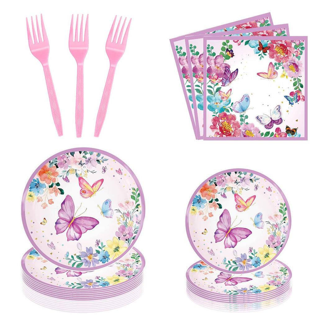 Purple Butterfly Party Theme Tableware Set - Napkins, Cups, Tablecloth, Plates