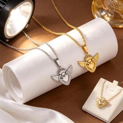 Gold, Silver, and Titanium Steel Retro Heart Wing Pendant Necklace with Clavicle Chain