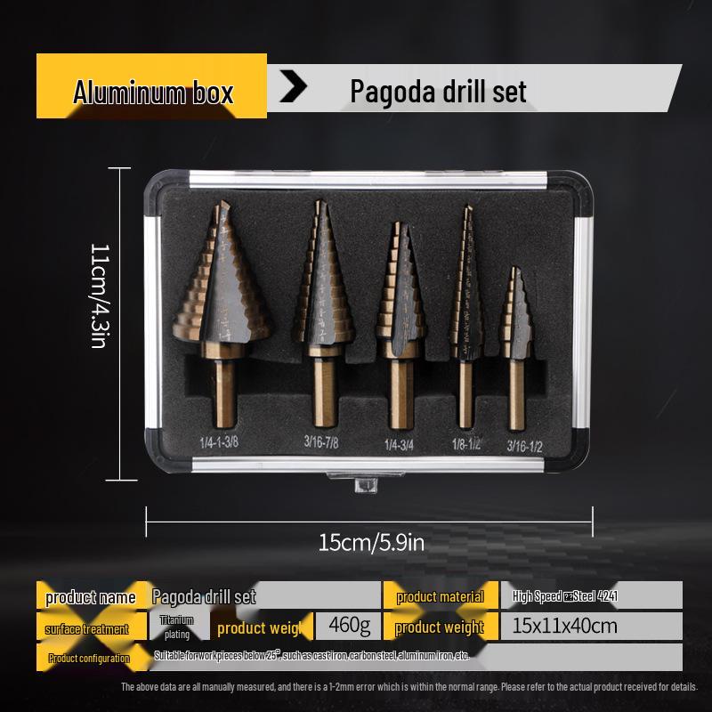 5-Piece Imperial Size HSS Step Drill Bit Set with Black & Gold Triangle Shank In Aluminum Box
