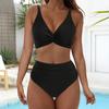 2 Stuks/Set Dames Split Bikini Diepe V-Hals Voorkant Twist Ontwerp Beha Hoge Taille Slipjes Set Sneldrogend Elastische Stof Vakantie Zwempak