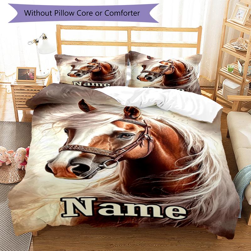 3pcs Custom Name Horse Bedding Set Duvet Cover Closure Includes 1 Duvet Cover & 2 Pillowcases, Soft and Comfortable for All Seasons.