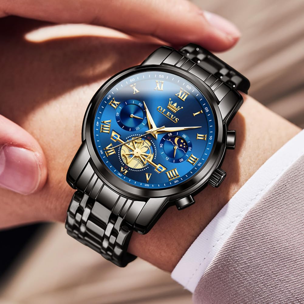 OLEVS Stylish Chronograph Popular Brand for Waterproof Quartz Wristwatch Men's Watch, Business, Large, Easy-to-Read Analog, (Black/Blue)