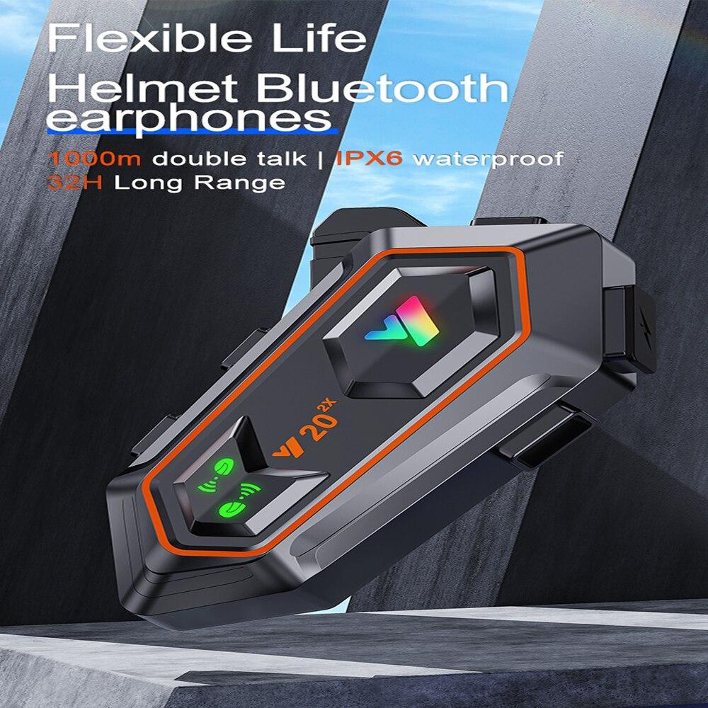 Y20-2X Motorcycle Helmet Bluetooth Headset 2-Riders Intercom 1000M RGB Light IPX6 Waterproof BT5.0 Voice Assistant Music Player