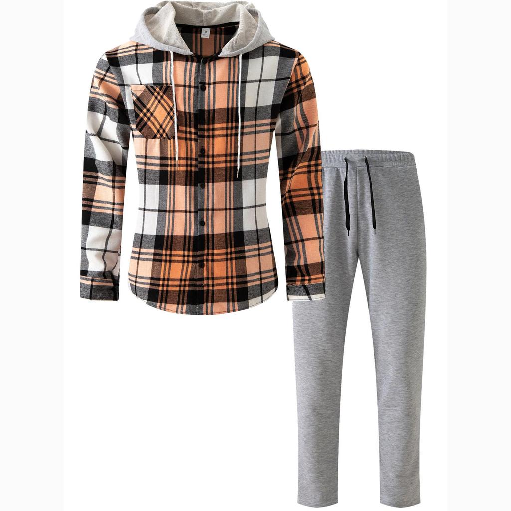 Autumn Men's Casual Sports Hooded Long Sleeve Plaid Shirt Trousers Set