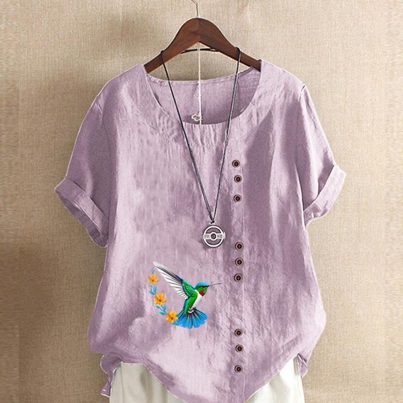 Women's Fashion Round Neck Short Sleeve T-shirt Casual Cotton Linen Graphic Shirt Leisure Loose Bird Prined Summer Blouse Tops