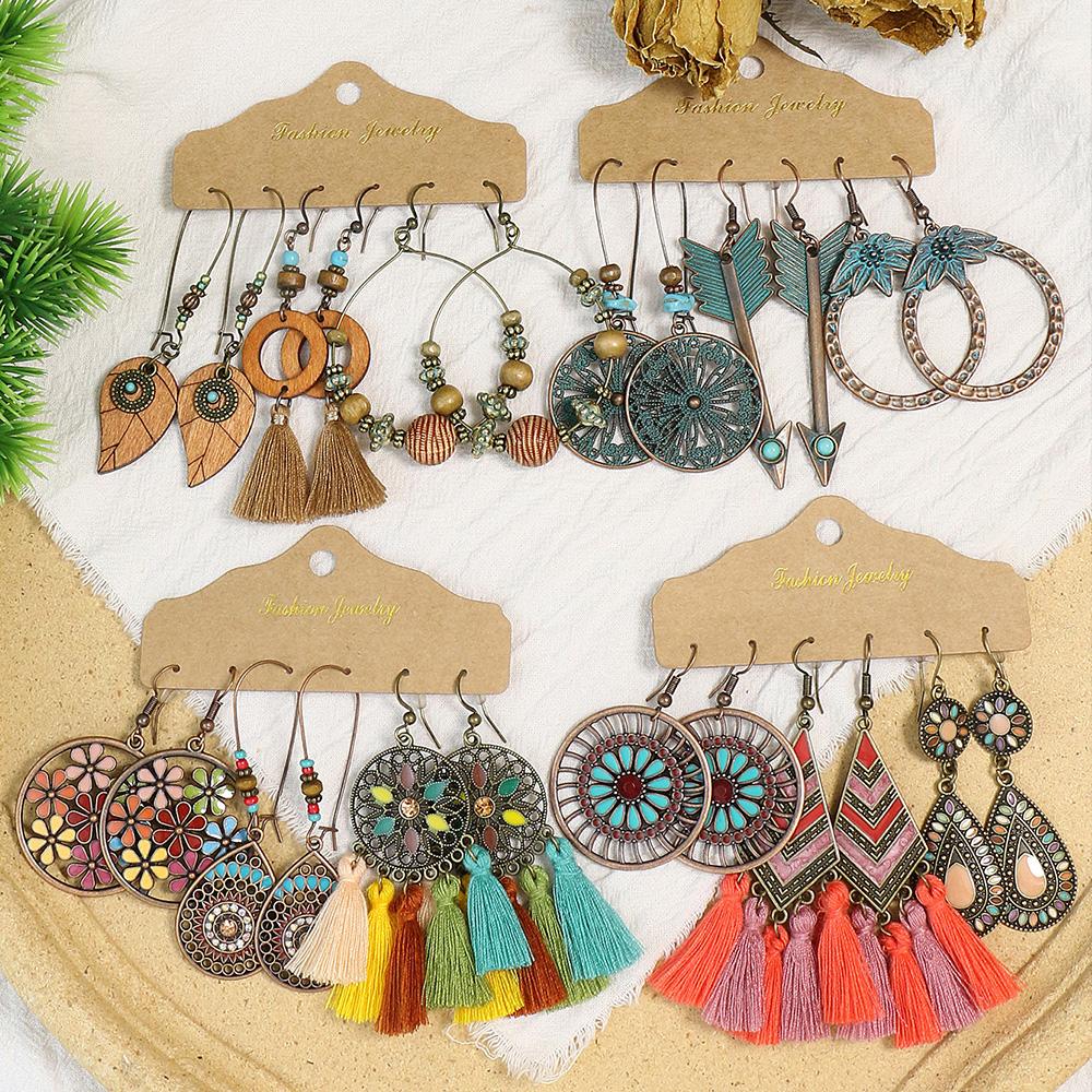 Bohemien Colorful Drop Oil Waterdrop Nappa Earrings Set for Women Ethnic Vintage Holiday Zircon Casual Pendant Mujer