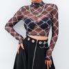 Mesh T Shirt Femme Sexy Langarm Crop Top Kette Print T Shirt Frauen Streetwear Vintage Fishnet top T-shirt Neue ankunft