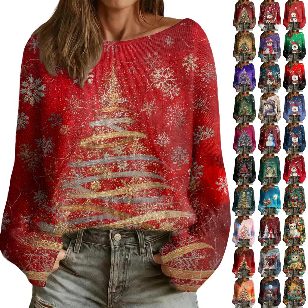 Women's Fashion Round Neck Long Sleeve Christmas Print Casual Pullover Sweater Top