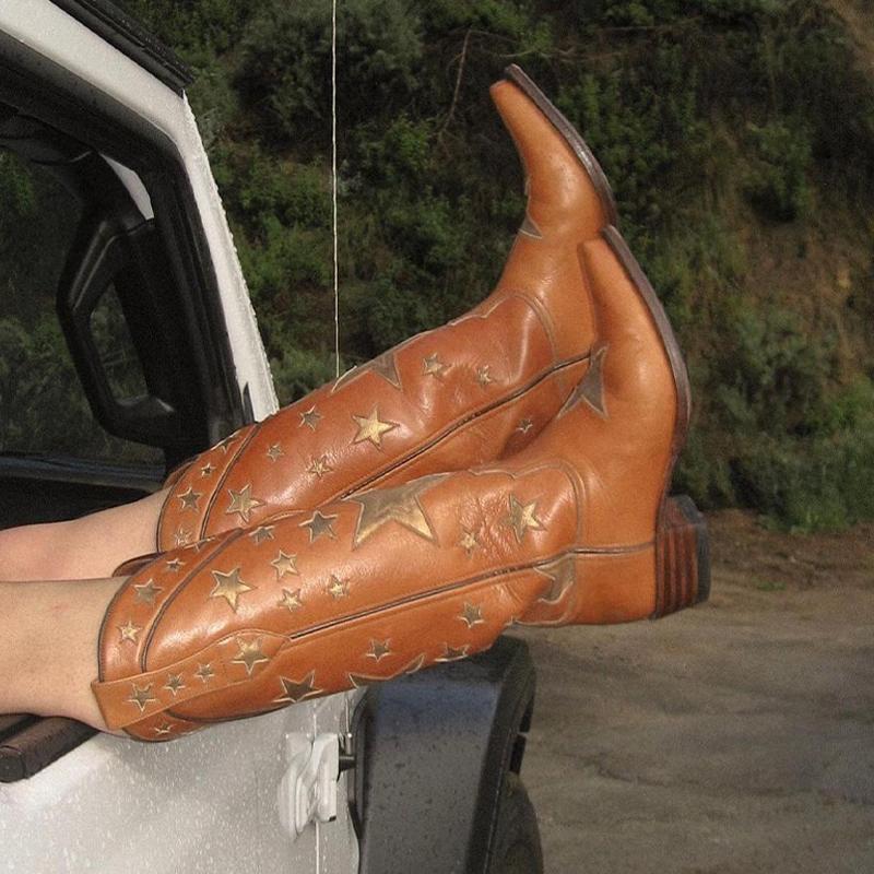 Fashion IPPEUM Western Cowboy Boots For Women Firebird Embroidery Leather Knee High Boot Country Western Brown Cowgirl Shoes Plus Size44