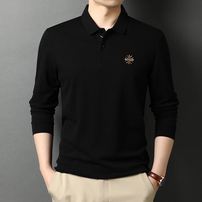 Long-Sleeved T-shirt Men's Lapel Men's Polo Shirt Solid Color Trendy Middle-Aged Autumn and Winter Dad Top Bottoming Shirt Men