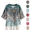 Damska Letnia Moda Koszula z Dekoltem V i Rękawem 3/4 Casual Luźny Krój Top z Wzorem Vintage