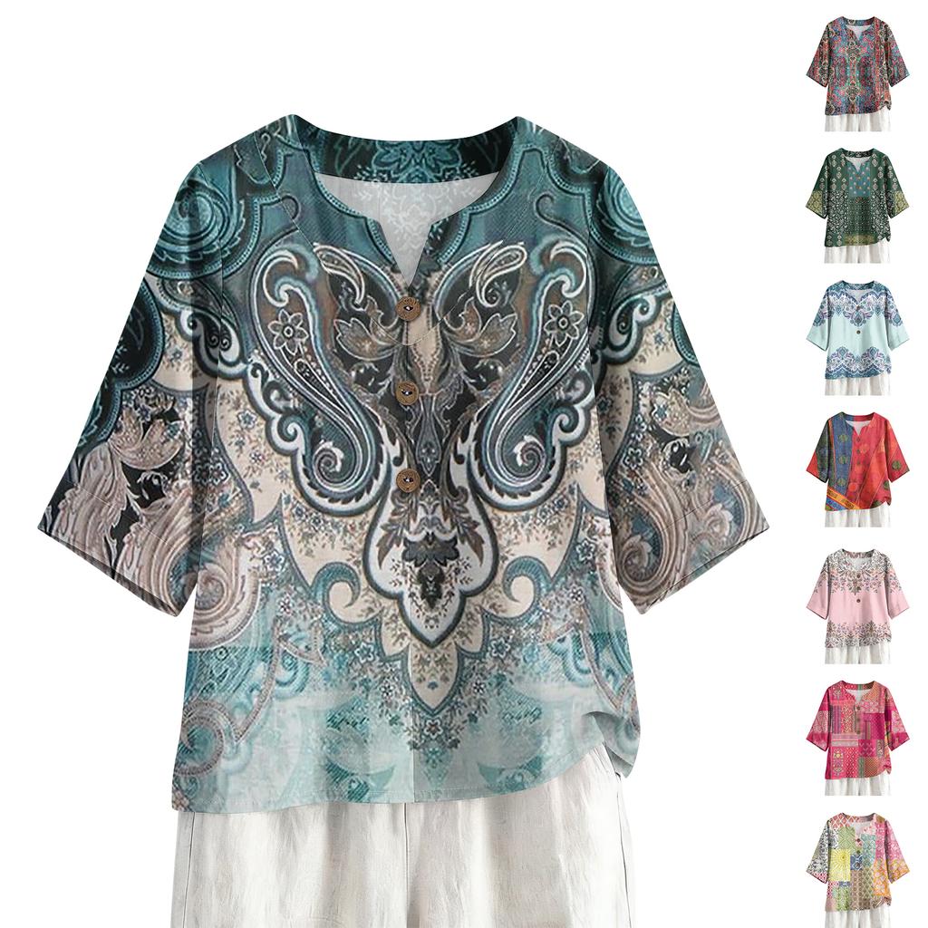 Damska Letnia Moda Koszula z Dekoltem V i Rękawem 3/4 Casual Luźny Krój Top z Wzorem Vintage